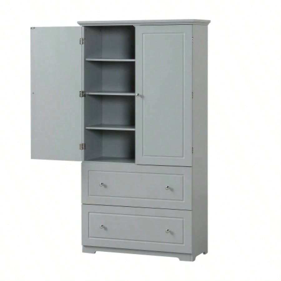 Wide Bathroom Storage Cabinet, Freestanding Storage Cabinet with Two Drawers and Adjustable Shelf, MDF Board with Painted,