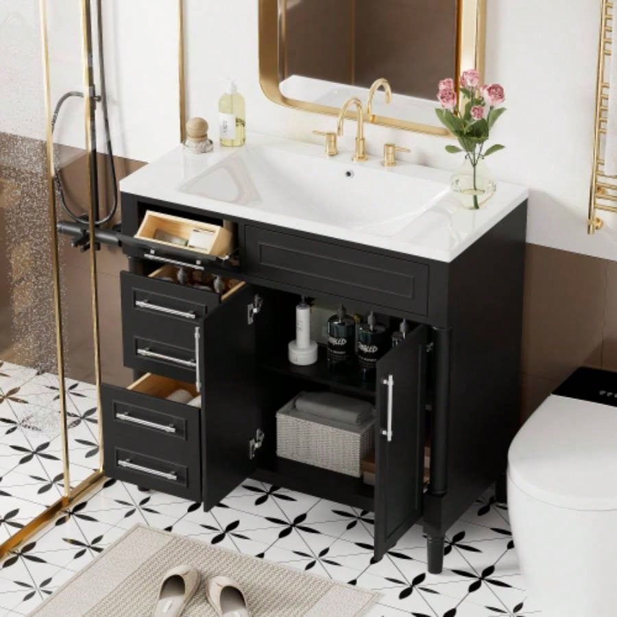 36 Bathroom Vanity without Sink, Freestanding Bathroom Storage Cabinet with 2 Drawers and a Tip - out Drawer, Solid Wood Frame Vanity Only, Height Adjustable Shelf NOT INCLUDE SINK