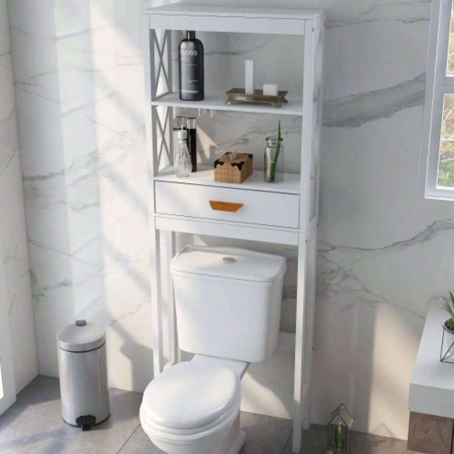 Over - Toilet Storage Cabinet White with one Drawer and 2 Shelves Space Saver Bathroom Rack