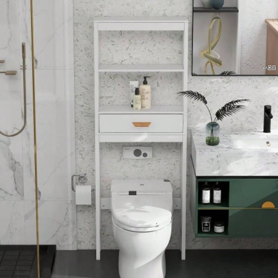 Over - Toilet Storage Cabinet White with one Drawer and 2 Shelves Space Saver Bathroom Rack