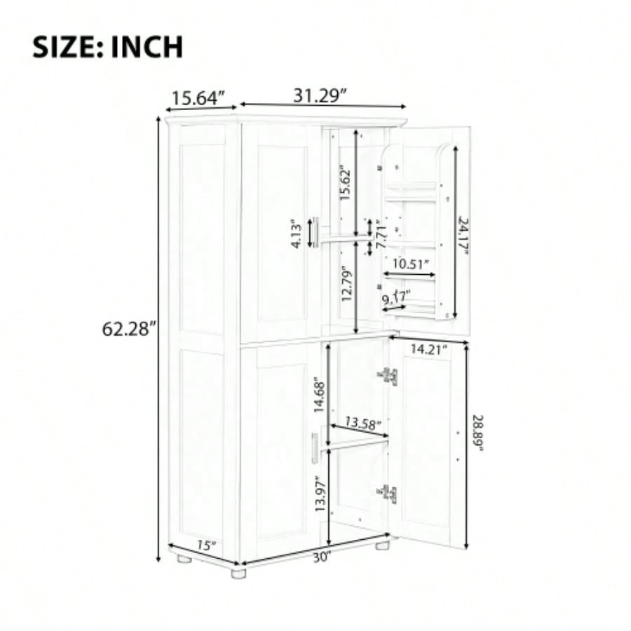 Tall and Wide Bathroom Floor Storage Cabinet, Bathroom Storage Unit, Freestanding Cabinet with 4 Doors, Adjustable Shelves, White
