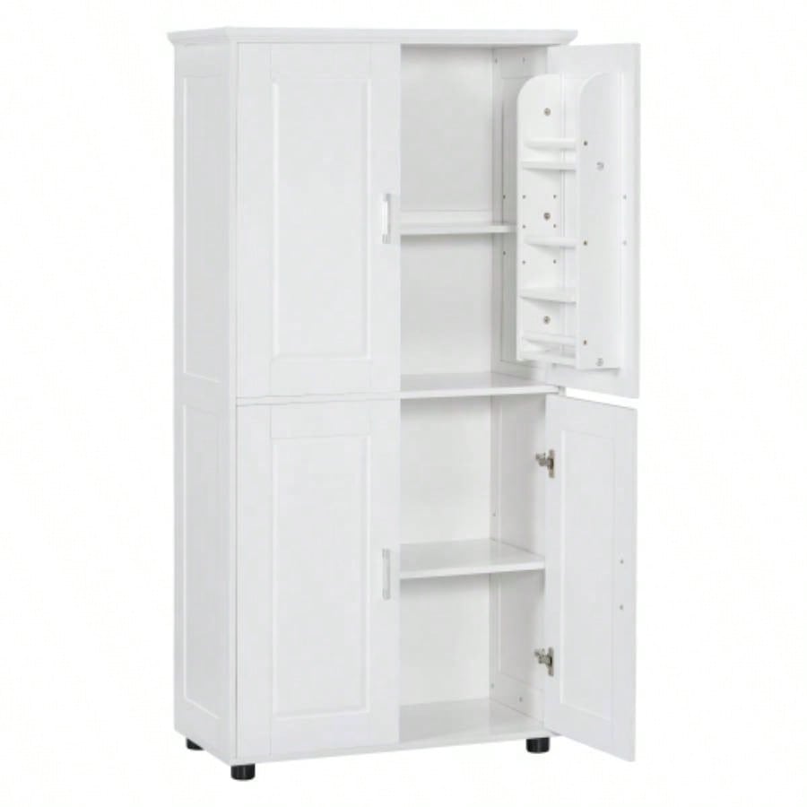 Tall and Wide Bathroom Floor Storage Cabinet, Bathroom Storage Unit, Freestanding Cabinet with 4 Doors, Adjustable Shelves, White