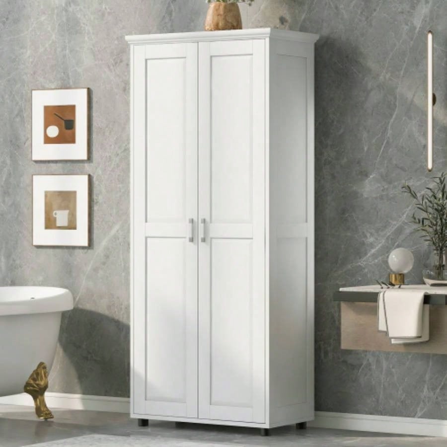 Storage Cabinet with Two Doors Bathroom, Office, Adjustable Shelf, MDF Board, White