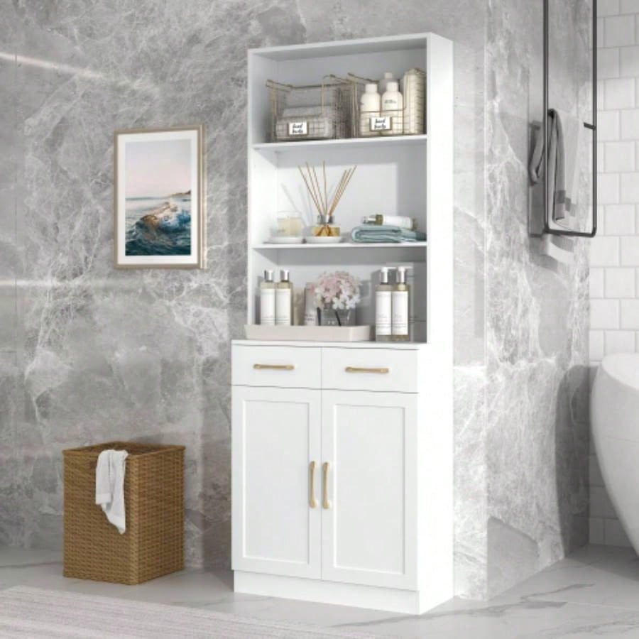 Bathroom Storage Cabinet, Cabinet with Two Doors and Drawers, Adjustable Shelf, Three - layer Open Shelf, MDF Board, Black