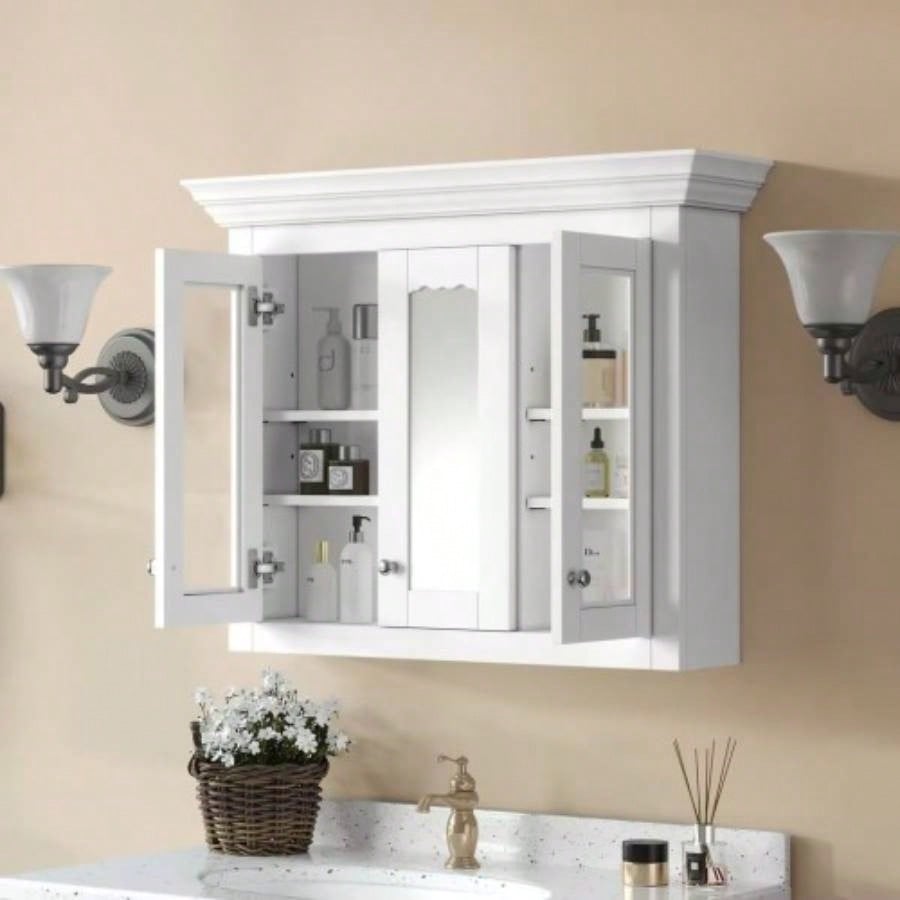 35 Bathroom Medicine Cabinet with Mirror, 5 Closed Adjustable Shelves, Bathroom Wall Mounted Storage Cabinet with Glass Doors