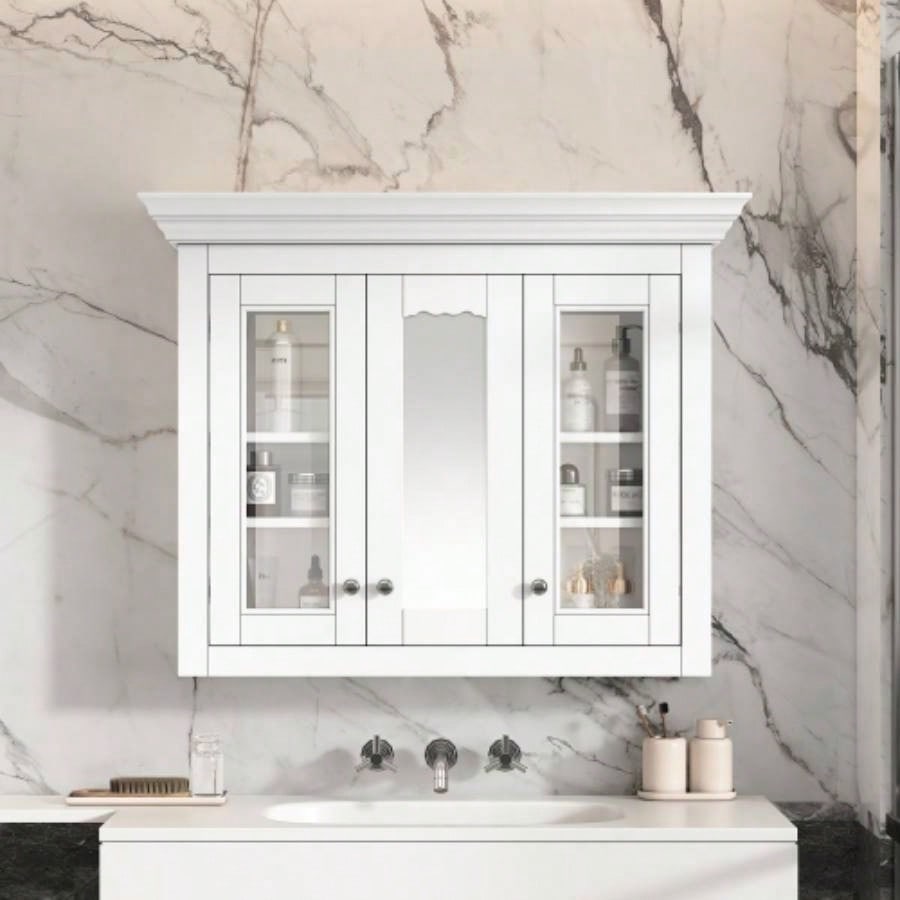 35 Bathroom Medicine Cabinet with Mirror, 5 Closed Adjustable Shelves, Bathroom Wall Mounted Storage Cabinet with Glass Doors