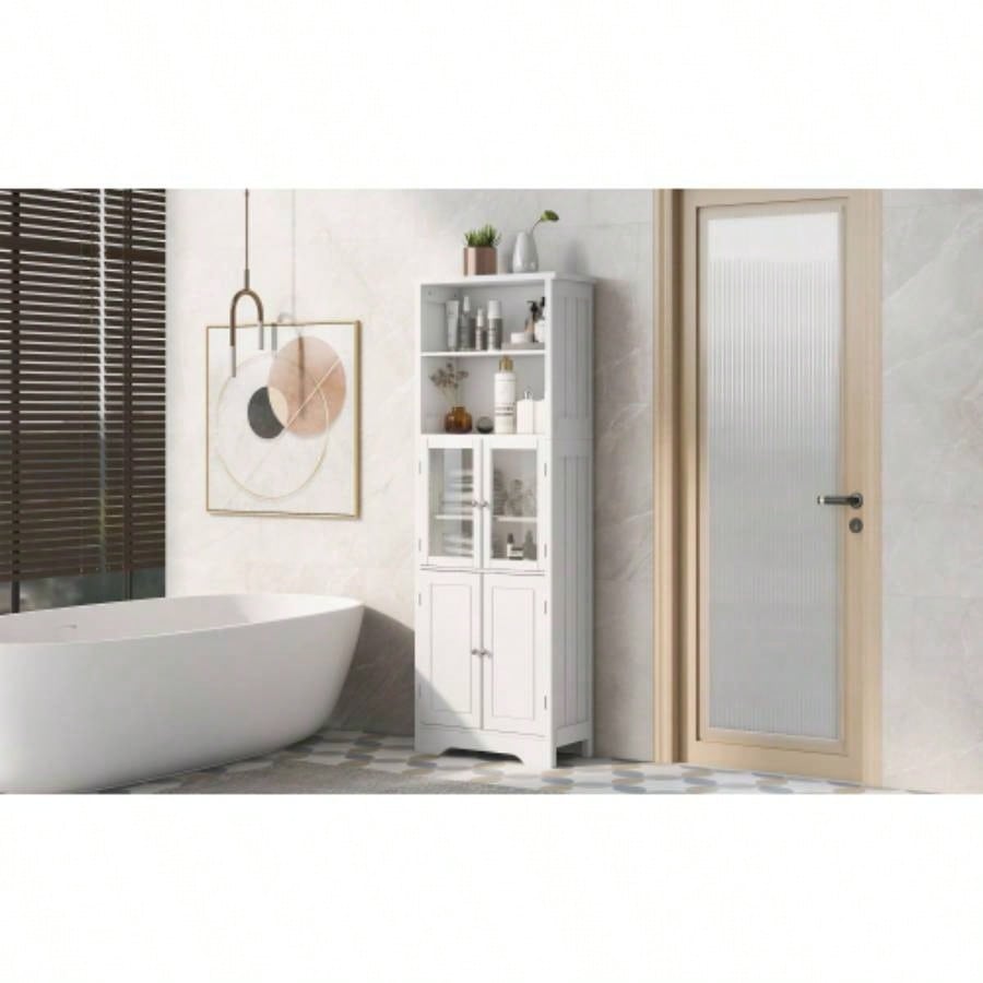 White Tall Storage Cabinet with Shelves and Doors Bathroom, Kitchen and Living Room, MDF Board