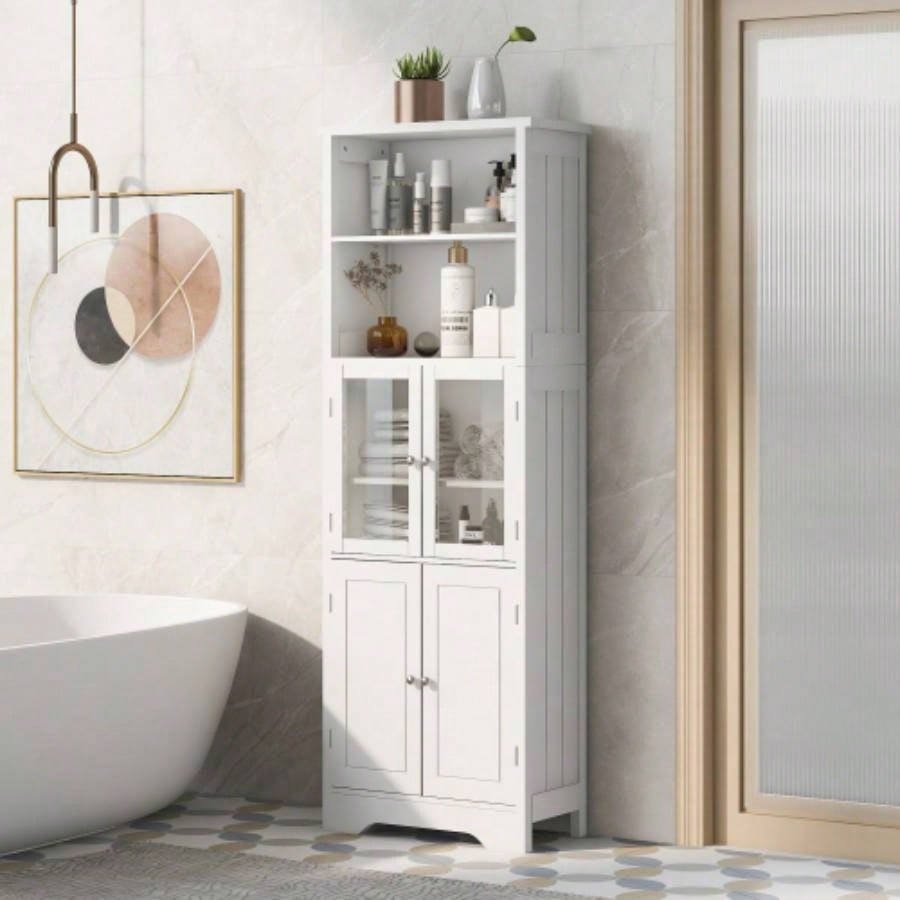White Tall Storage Cabinet with Shelves and Doors Bathroom, Kitchen and Living Room, MDF Board