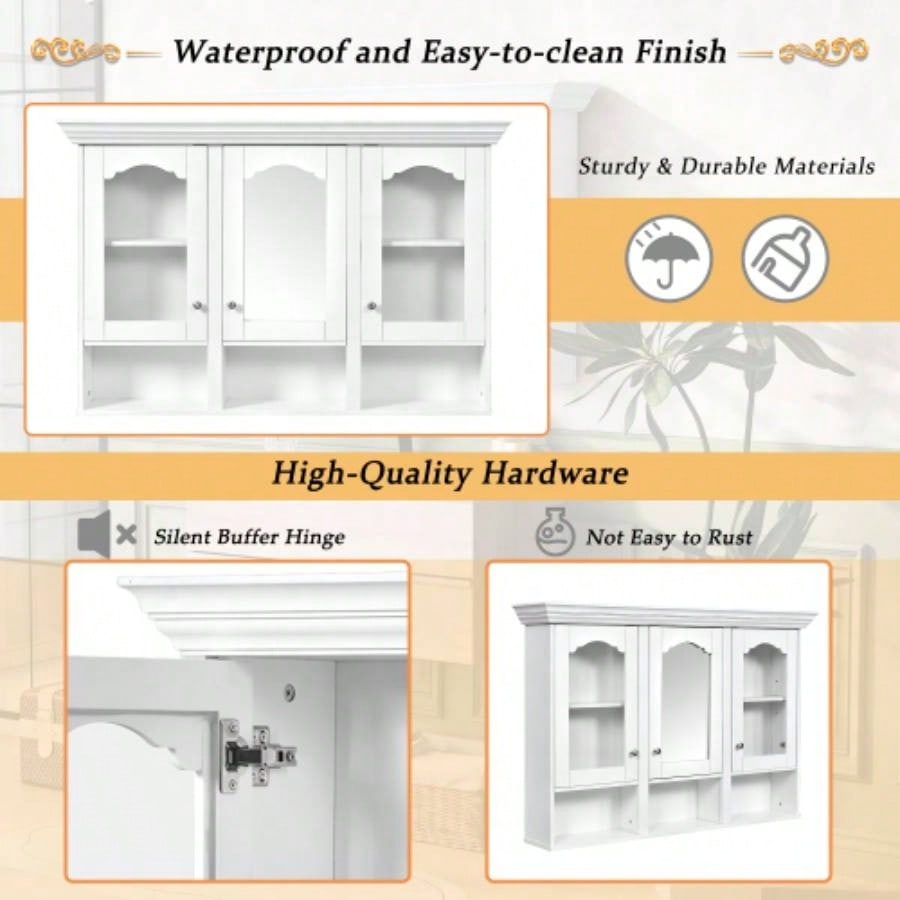 47 Wall Mounted Bathroom Cabinet with Mirror, Cabinet with 3 Adjustable Shelves and 3 Open Compartments Bathroom, Over Toilet Space Saver Storage Cabinet with Glass Doors