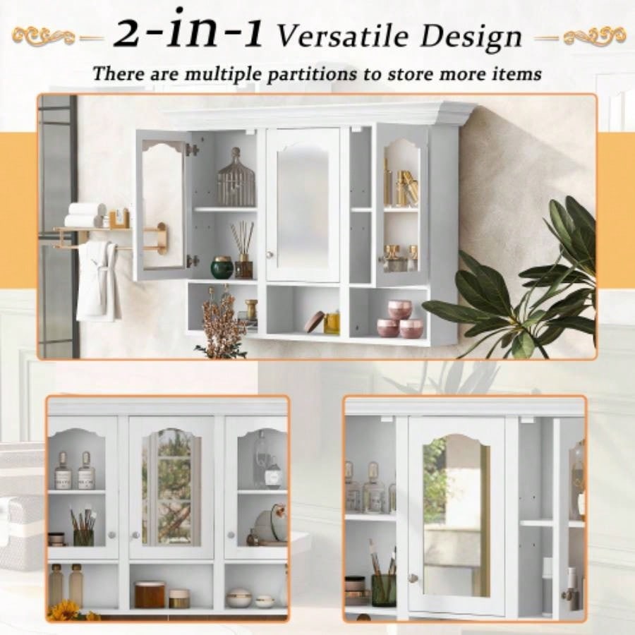 47 Wall Mounted Bathroom Cabinet with Mirror, Cabinet with 3 Adjustable Shelves and 3 Open Compartments Bathroom, Over Toilet Space Saver Storage Cabinet with Glass Doors