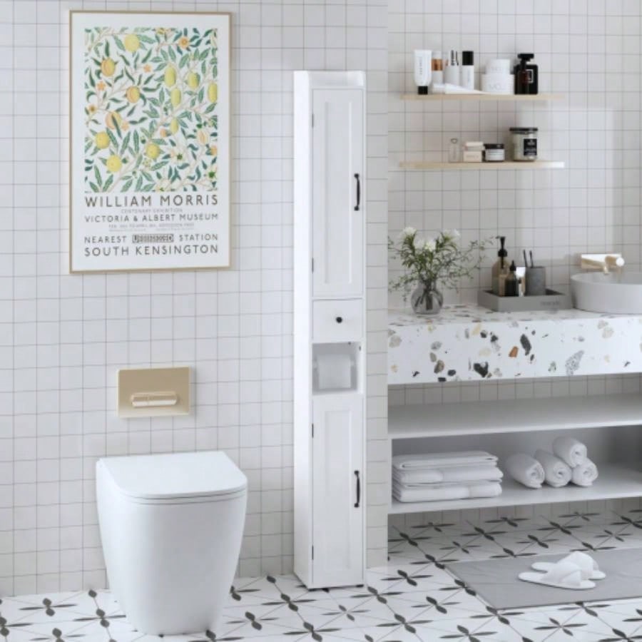 67.51 Tall Bathroom Storage Cabinet with Adjustable Shelves, Slim 2 Doors Freestanding Cabinet with Anti - Tip, Open compartments, Home, Small Spaces, Bathroom, Kitchen, Living Room, White