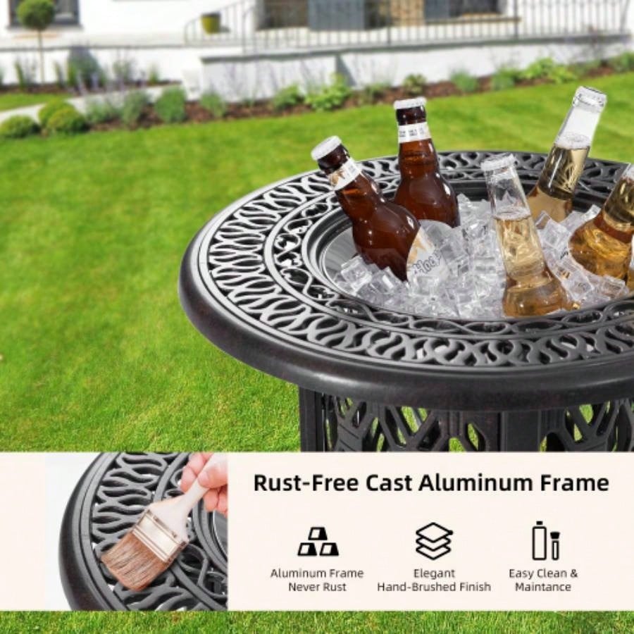 21 Side Table With Removable Bucket - Rustproof Cast Aluminum Frame, Hand - Brushed, Food - Grade 304 Stainless Steel Bucket - Indoor Outdoor, Patio, Balcony, and Poolside