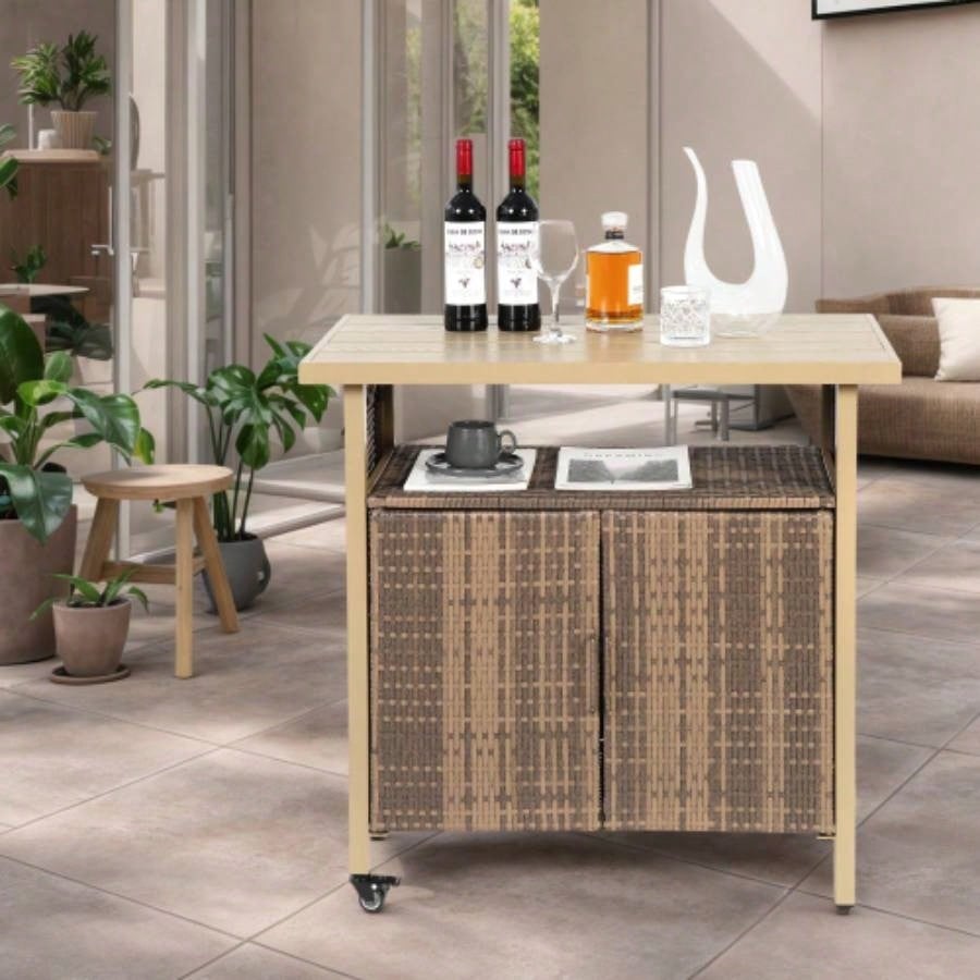 Outdoor Wicker Bar Cart, Patio Wine Serving Cart/Wheels, Rolling Rattan Beverage Bar Counter Table/Glass Top Porch Backyard Garden Poolside Party, Light brown