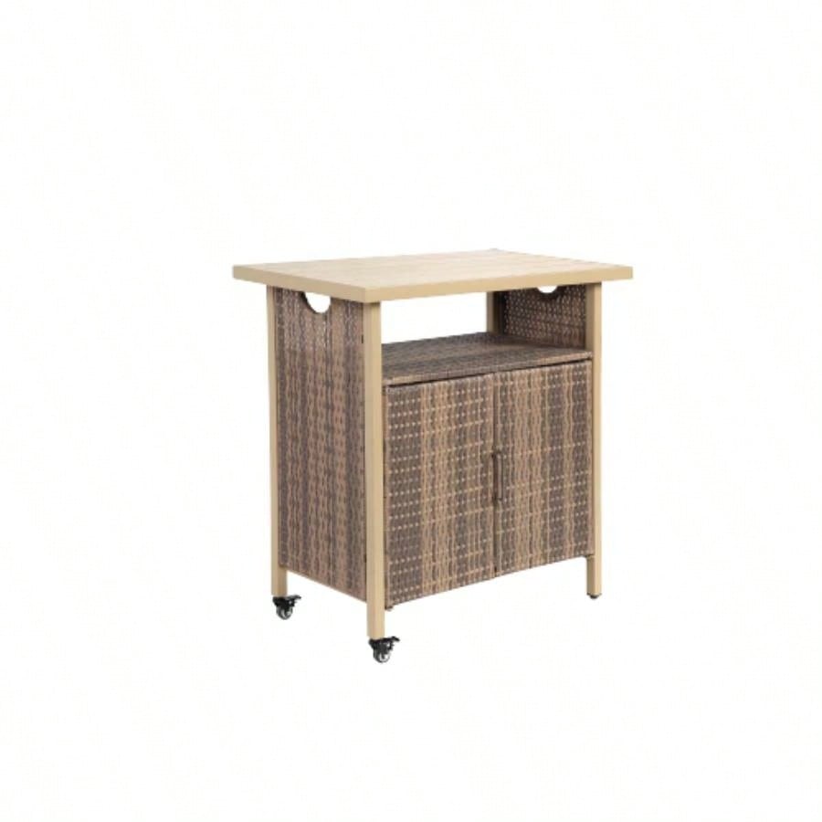 Outdoor Wicker Bar Cart, Patio Wine Serving Cart/Wheels, Rolling Rattan Beverage Bar Counter Table/Glass Top Porch Backyard Garden Poolside Party, Light brown