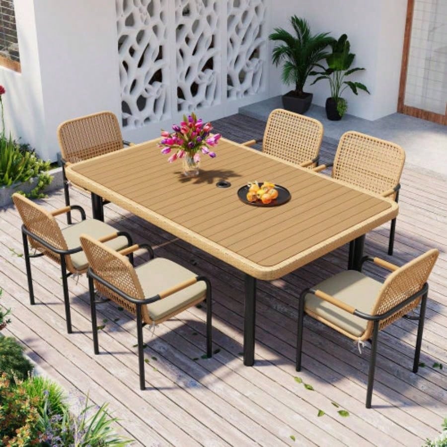 59 Outdoor Patio Dining Table, Polywood Tabletop with Hole, Iron, Rectangular Dining Table Garden, Backyard, Porch