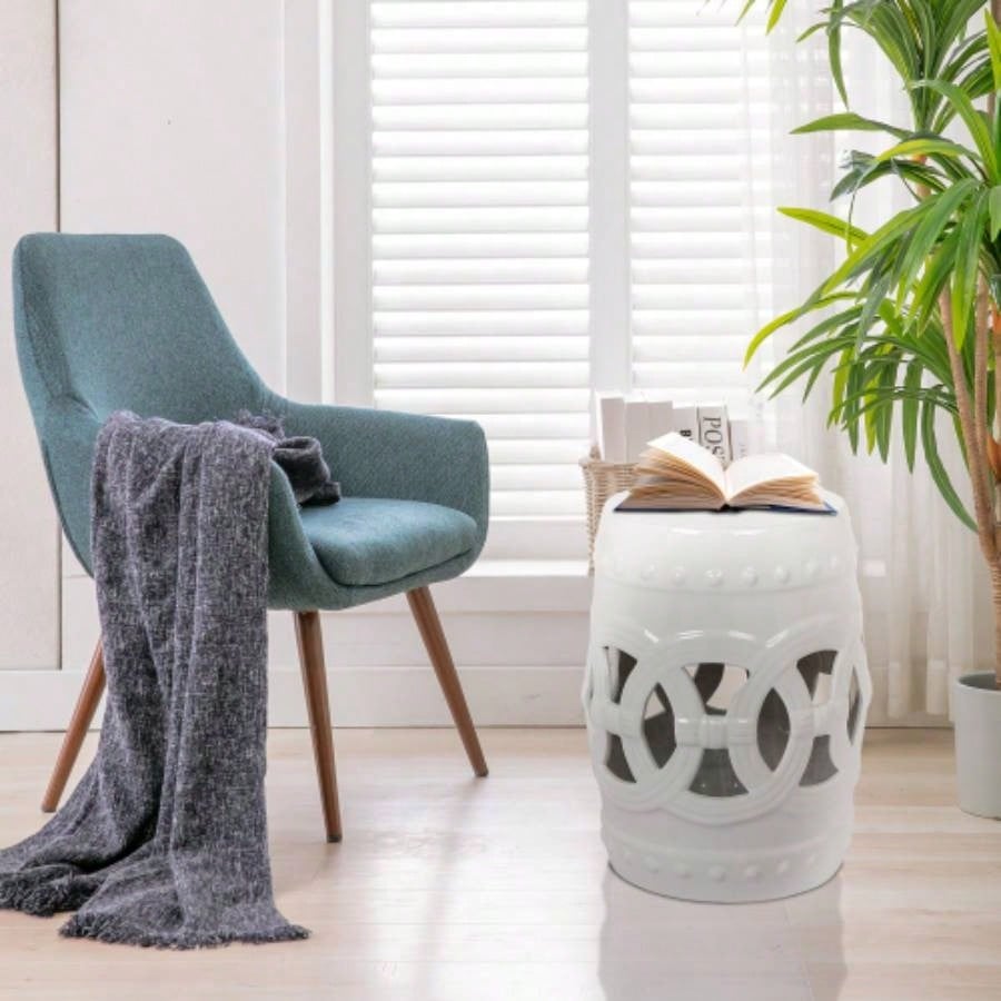 10.5x 17 Glazed Ceramic Drum Stool - Indoor/Outdoor Side Table - Accent Garden Stool