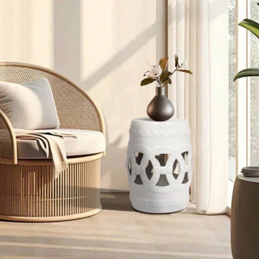 10.5x 17 Glazed Ceramic Drum Stool - Indoor/Outdoor Side Table - Accent Garden Stool