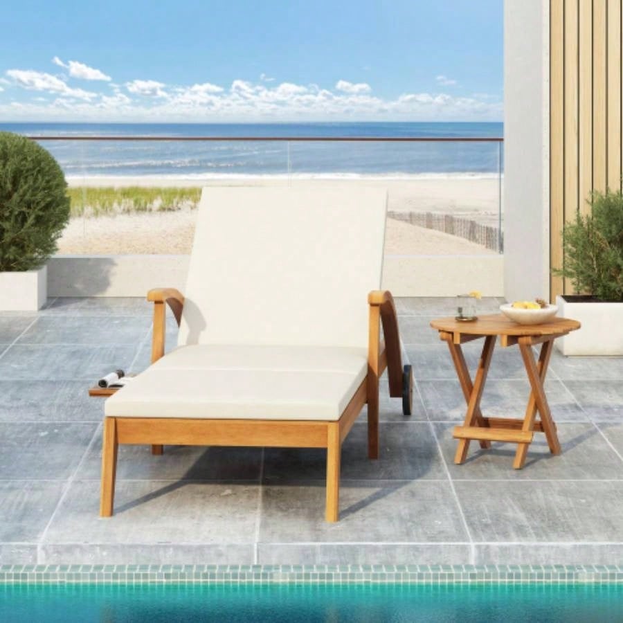 NO INSTALLATION REQUIRED, FOLDABLE AND ADJUSTABLE OUTDOOR ACACIA WOOD SIDE TABLE TEAK