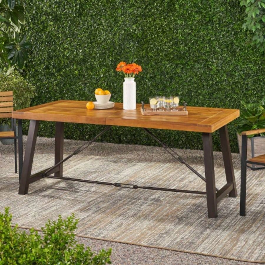 Outdoor Acacia Wood Metal Base Dining Table, Teak