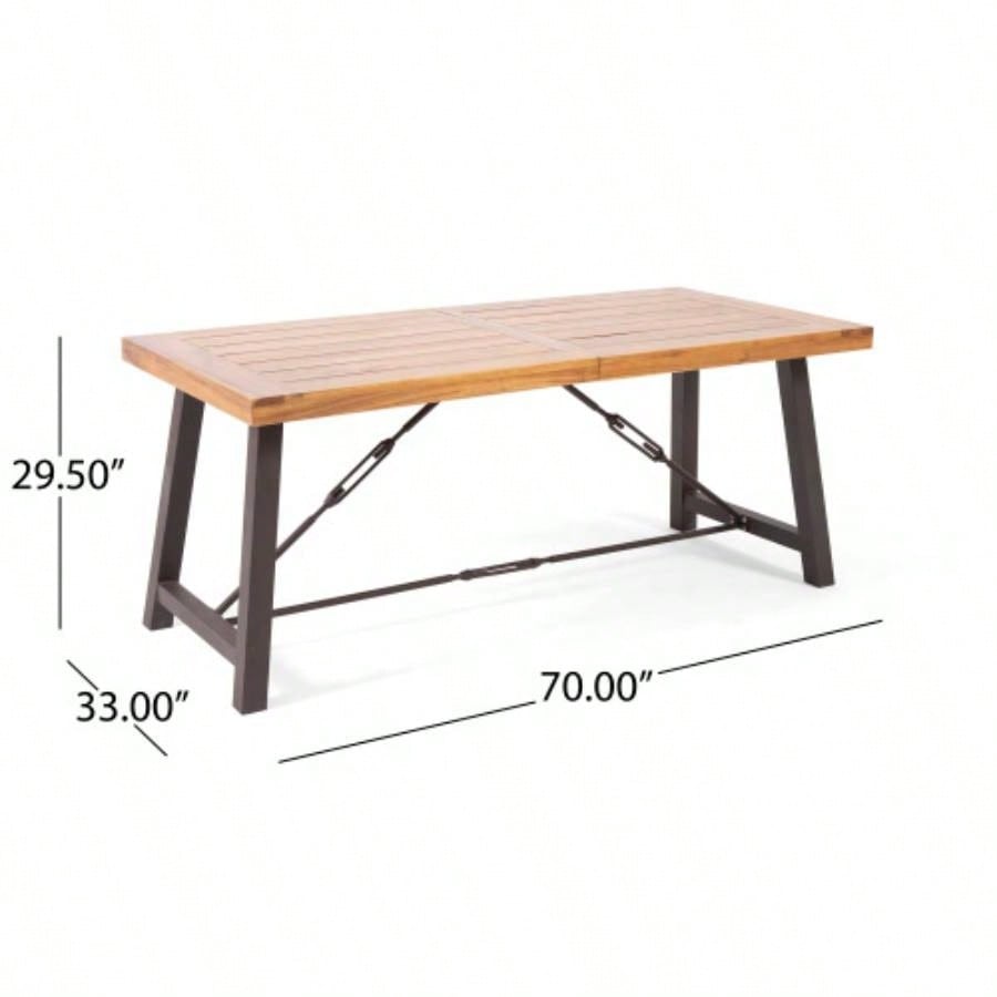 Outdoor Acacia Wood Metal Base Dining Table, Teak
