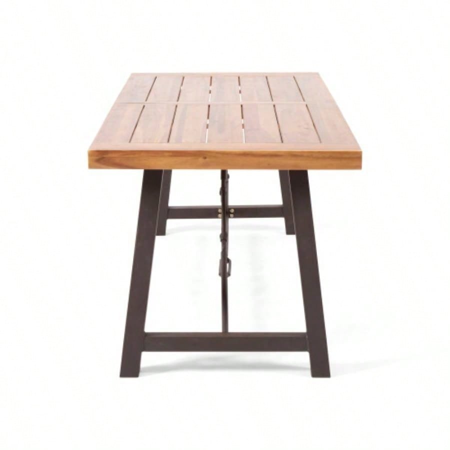 Outdoor Acacia Wood Metal Base Dining Table, Teak