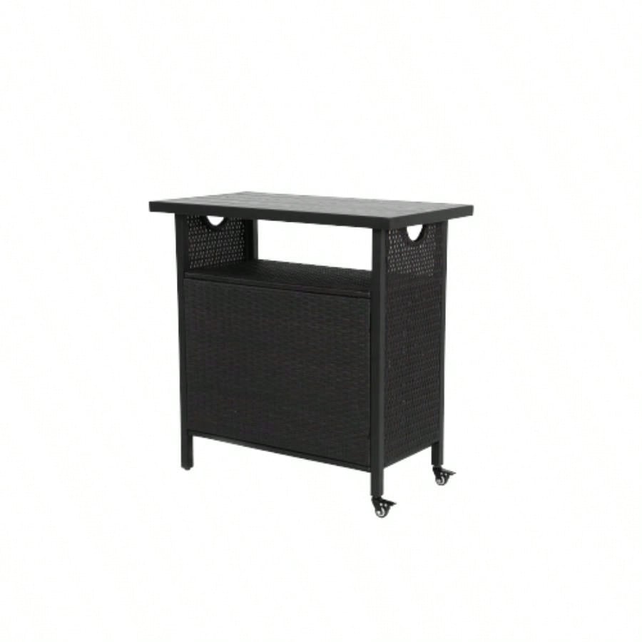 Outdoor Wicker Bar Cart, Patio Wine Serving Cart/Wheels, Rolling Rattan Beverage Bar Counter Table/Glass Top Porch Backyard Garden Poolside Party, Black