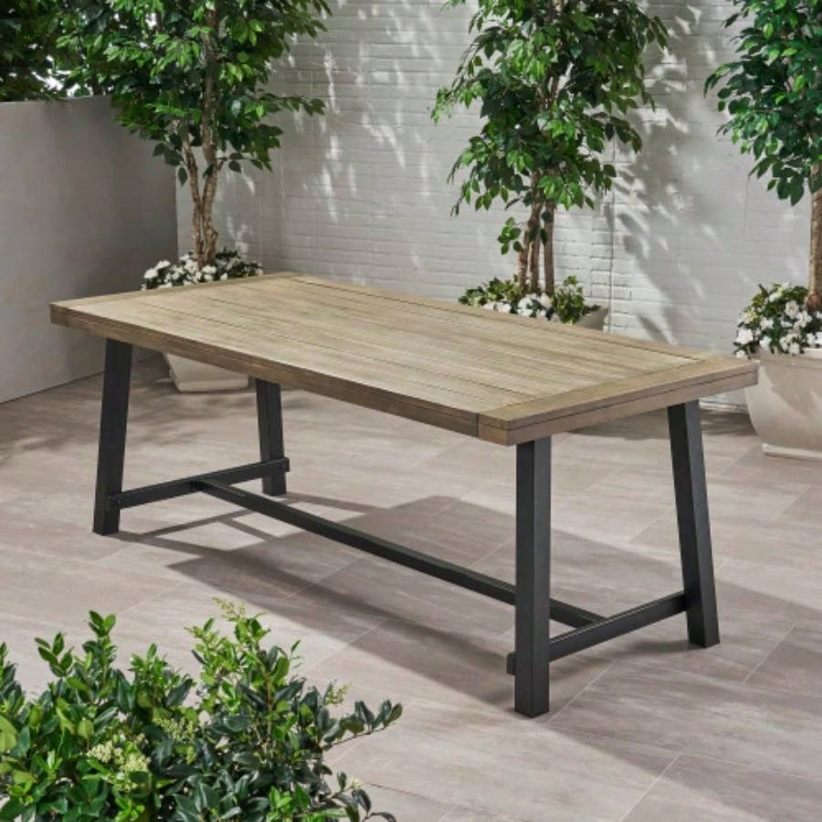 Outdoor Acacia Wood Dining Table, Rustic Metal