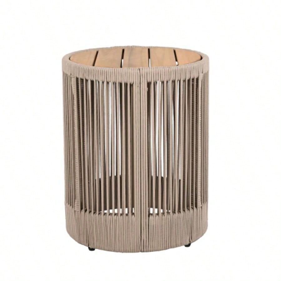 Outdoor Rattan rope Acacia Wood Side Table - Patio Balcony Furniture Garden, Yard, Balcony - Weather ResistantRope Beige, Natural Iron
