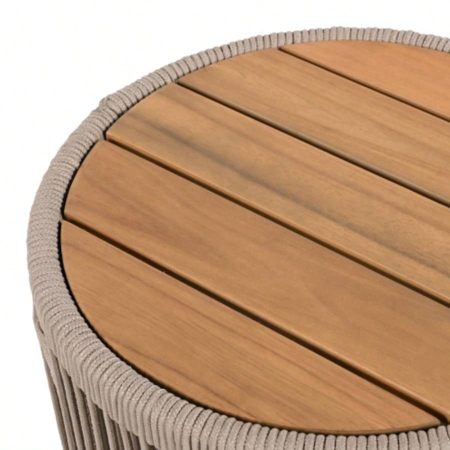 Outdoor Rattan rope Acacia Wood Side Table - Patio Balcony Furniture Garden, Yard, Balcony - Weather ResistantRope Beige, Natural Iron