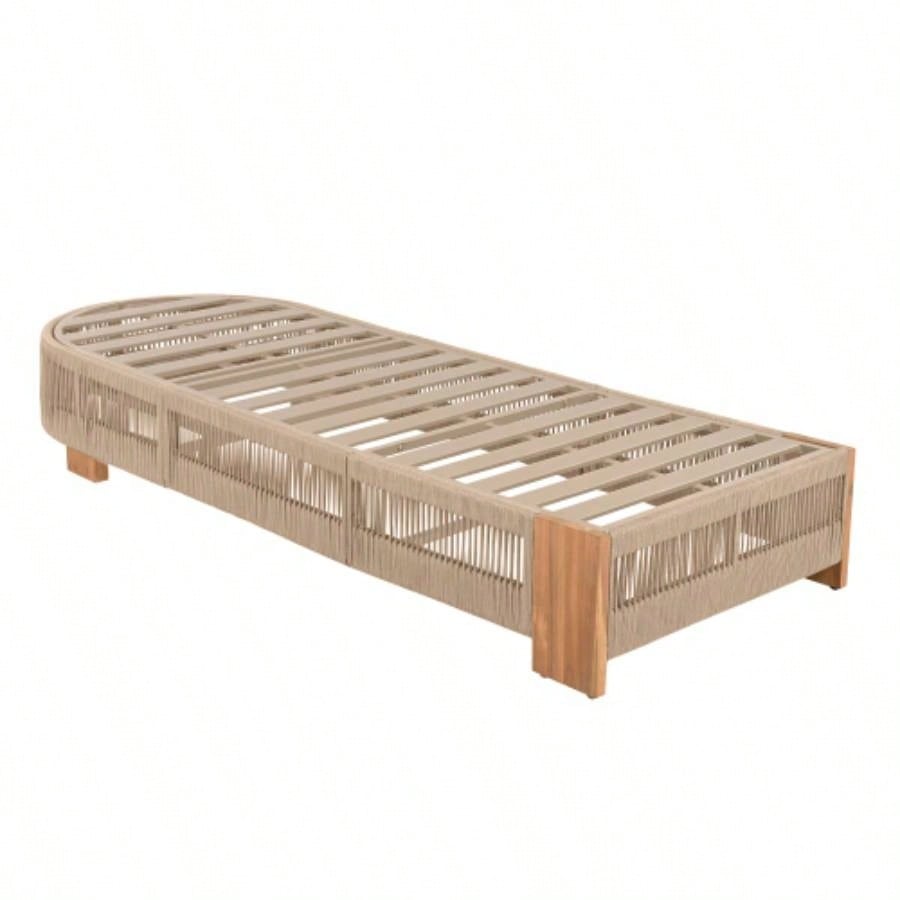 Outdoor Rattan rope Acacia Wood Side Table - Patio Balcony Furniture Garden, Yard, Balcony - Weather ResistantRope Beige, Natural Iron
