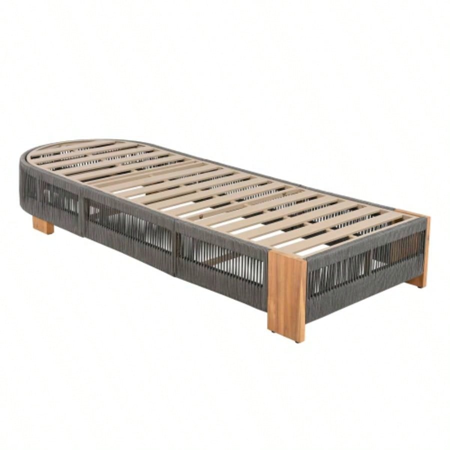 Outdoor Rattan rope Acacia Wood Side Table - Patio Balcony Furniture Garden, Yard, Balcony - Weather ResistantRope Beige, Natural Iron