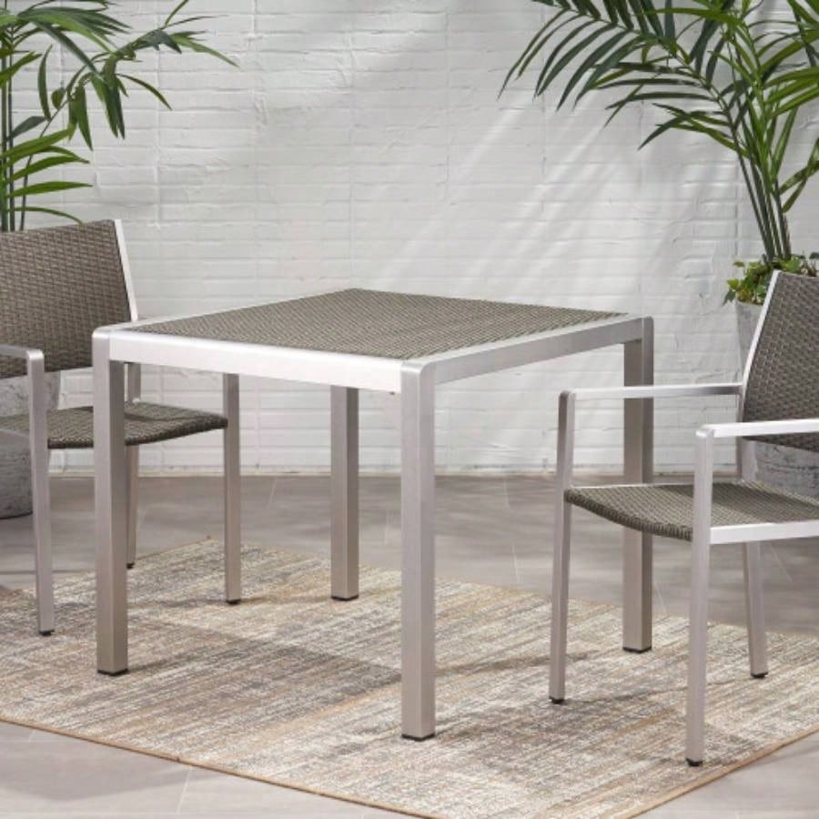 Outdoor Dining Table - Anodized Aluminum - Wicker Table Top - Square - Silver and Gray - 35