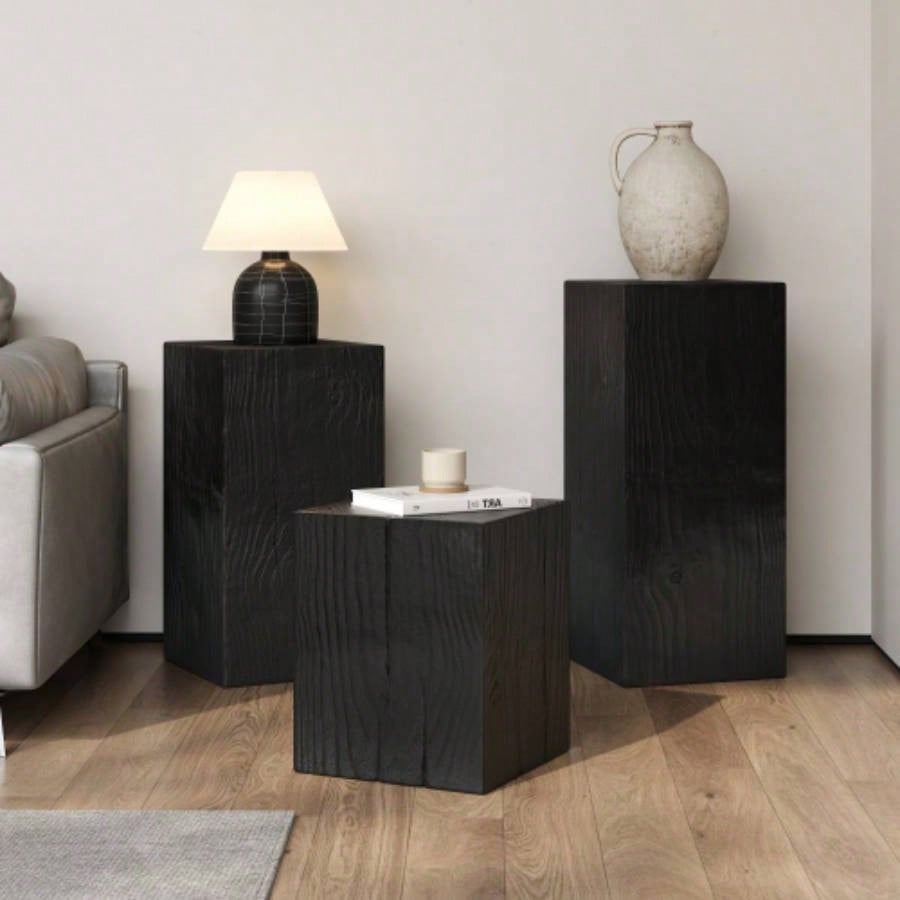 Wood - Look Square - Column MGO End Table, H27.75Wood - Like Distressed, Mix with Different Heights, Indoor Outdoor Use, Black Color