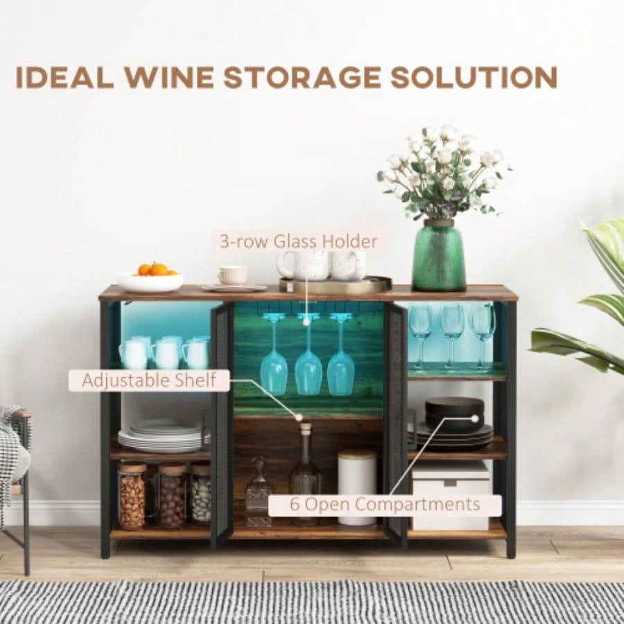 HOMCOM LED Wine Cabinet with Charging Station Glass Holders, Rustic Brown