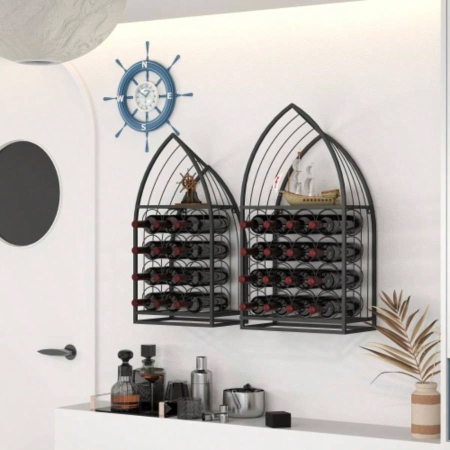 Sailboat Shaped Wine Cabinet Rack, 2 Piece Display Rack, Freestanding Wine Cabinet with Bottle Storage, Spirits and Wine Home Bar, Kitchen, Dining Room Storage Rack