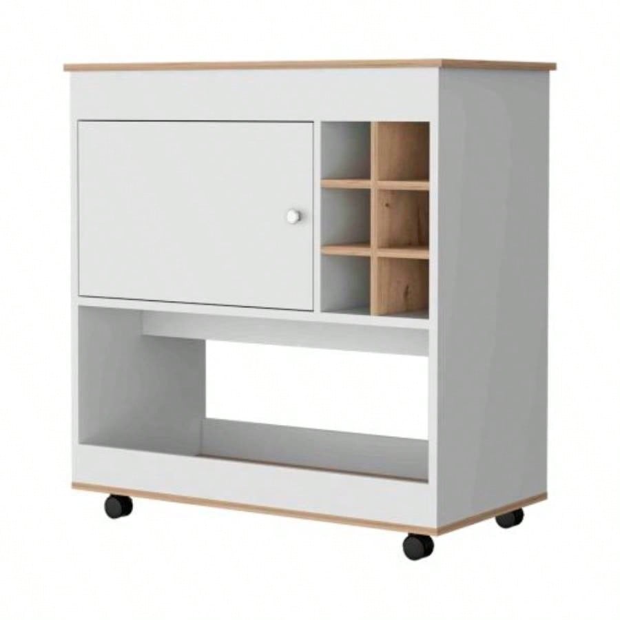 Texas Bar Cart, One Cabinet, Six Bottle Cubbies, One Lower Panel, Four Casters