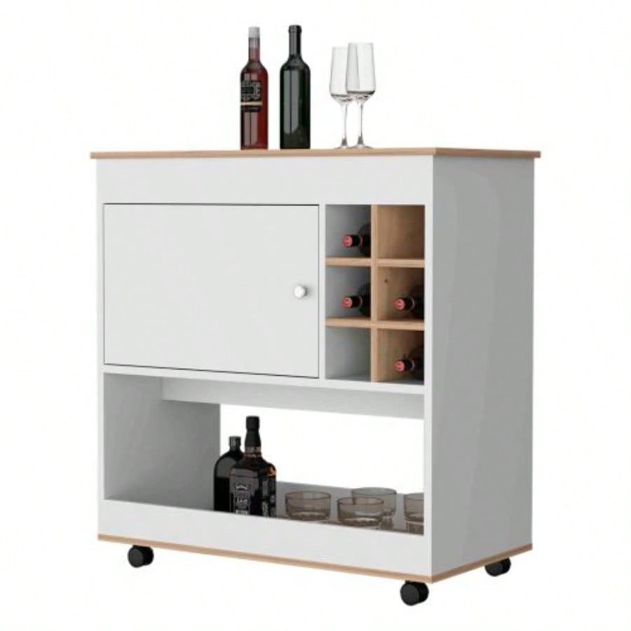 Texas Bar Cart, One Cabinet, Six Bottle Cubbies, One Lower Panel, Four Casters