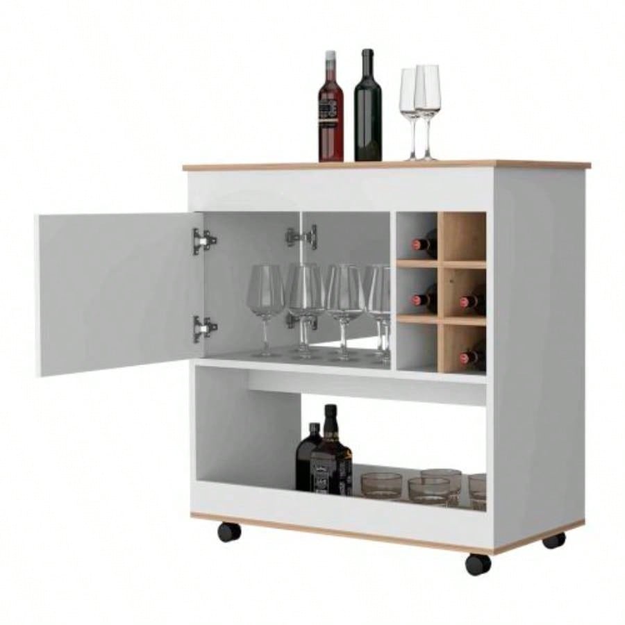 Texas Bar Cart, One Cabinet, Six Bottle Cubbies, One Lower Panel, Four Casters