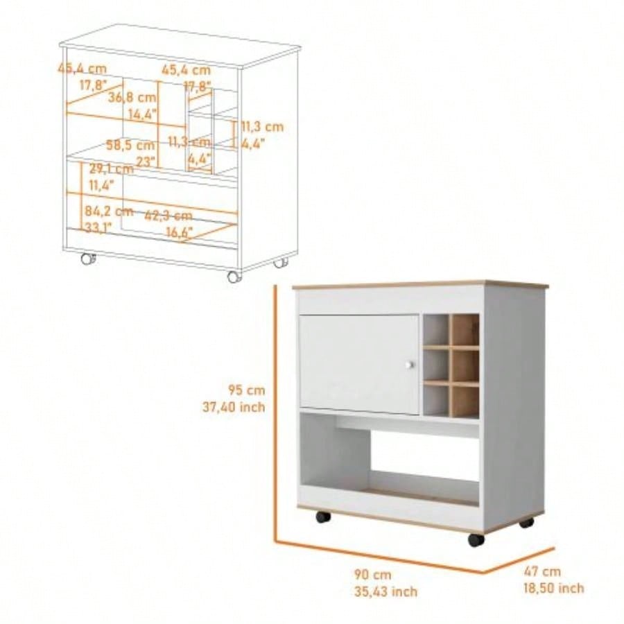 Texas Bar Cart, One Cabinet, Six Bottle Cubbies, One Lower Panel, Four Casters