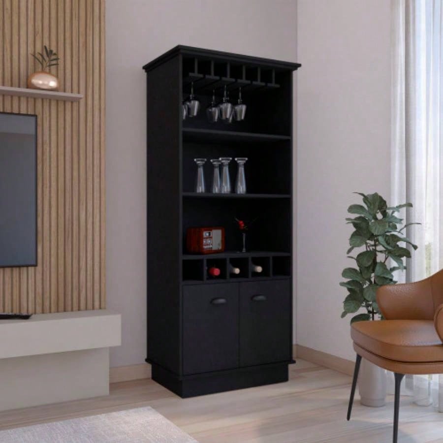 Bar Cabinet 70H with Wine Rack, Upper Glass Cabinet, three Open Storage Shelves and One Cabinet, Black