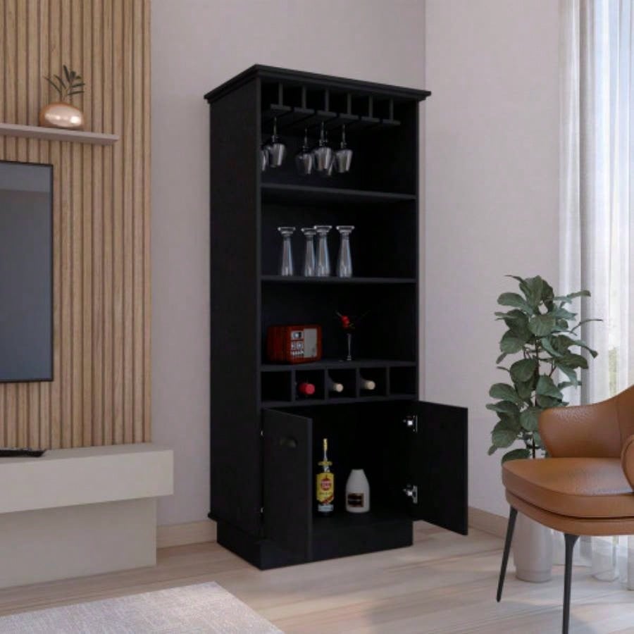Bar Cabinet 70H with Wine Rack, Upper Glass Cabinet, three Open Storage Shelves and One Cabinet, Black
