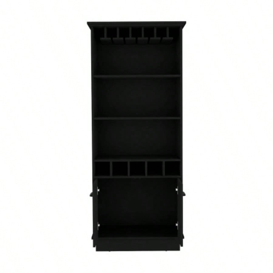 Bar Cabinet 70H with Wine Rack, Upper Glass Cabinet, three Open Storage Shelves and One Cabinet, Black