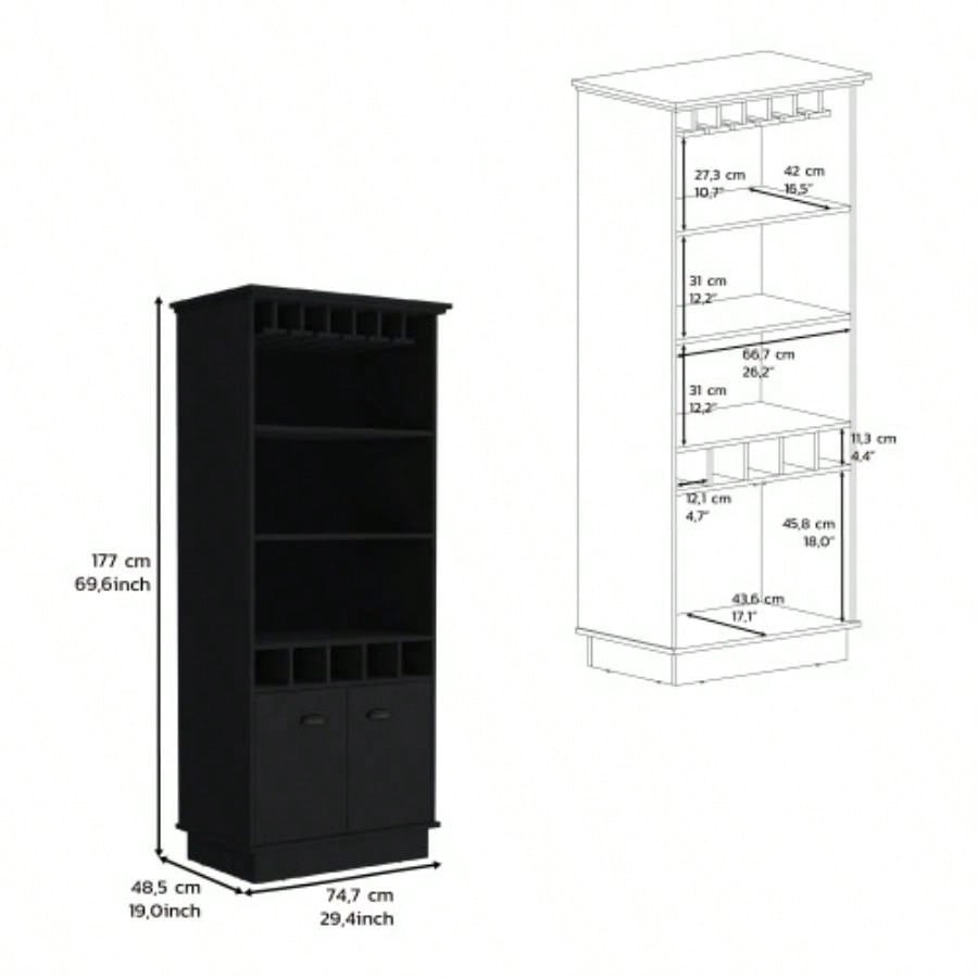 Bar Cabinet 70H with Wine Rack, Upper Glass Cabinet, three Open Storage Shelves and One Cabinet, Black