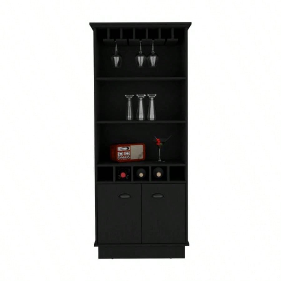 Bar Cabinet 70H with Wine Rack, Upper Glass Cabinet, three Open Storage Shelves and One Cabinet, Black