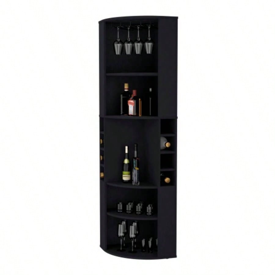 FM FURNITURE Clifton Corner Bar Cabinet, with 5 shelves, Cup Hanger and Eight Built - in Wine Rack, Black