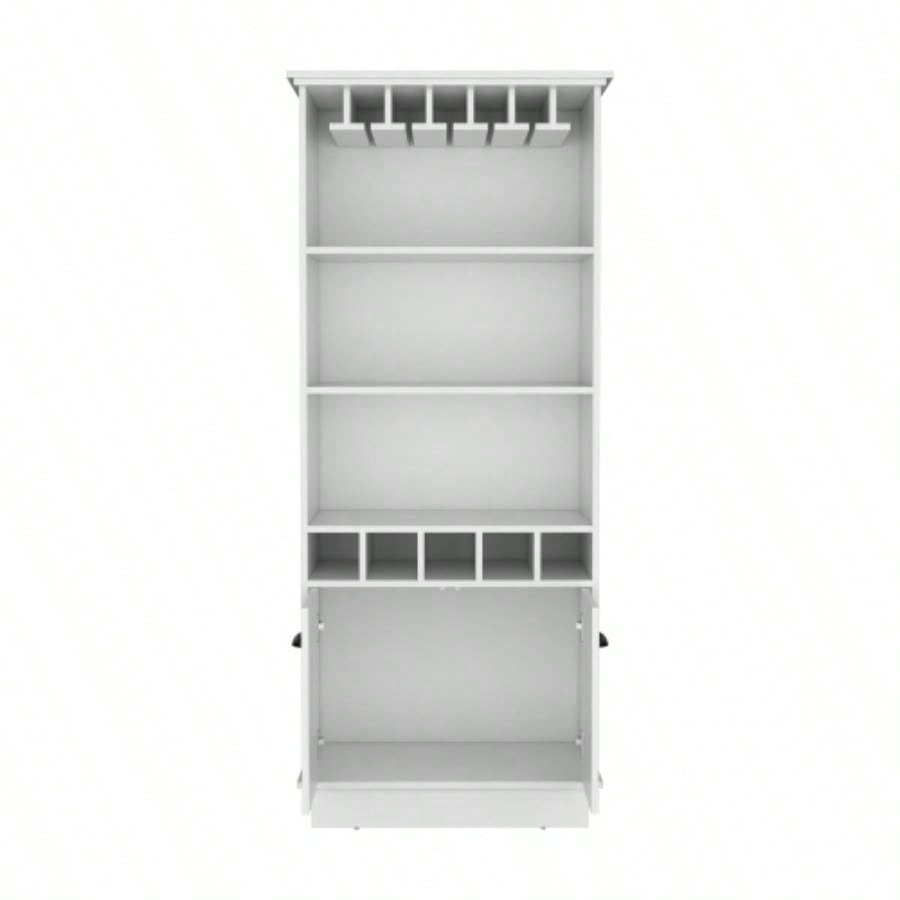 70H Bar Cabinet with Wine Rack, Upper Glass Cabinet, three Open Storage Shelves and One Cabinet, White