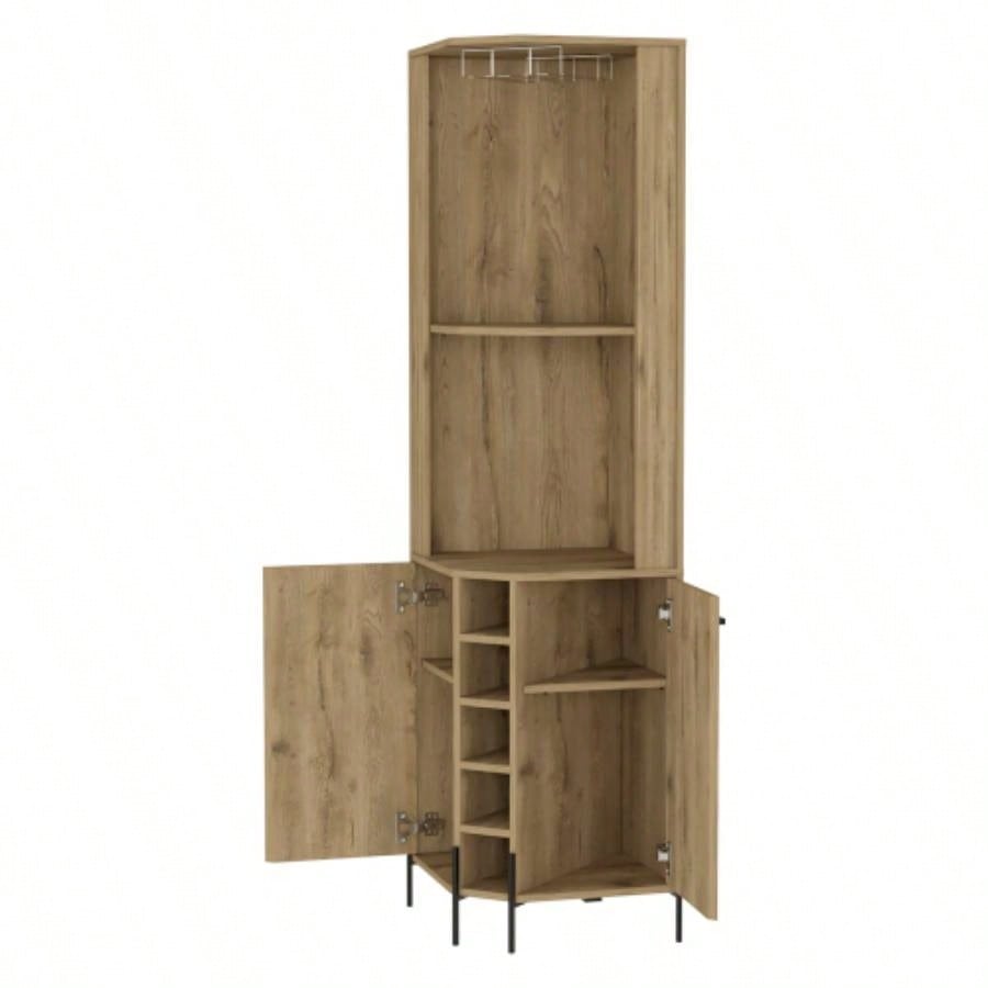 Corner Bar Cabinet, Two Shelves, Double Door Cabinet, Five Built - in Wine Rack, Four Interior Shelves
