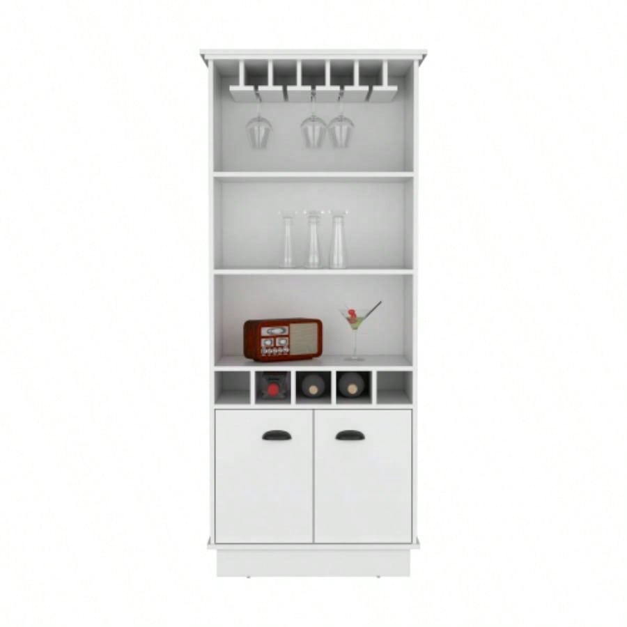 70H Bar Cabinet with Wine Rack, Upper Glass Cabinet, three Open Storage Shelves and One Cabinet, White