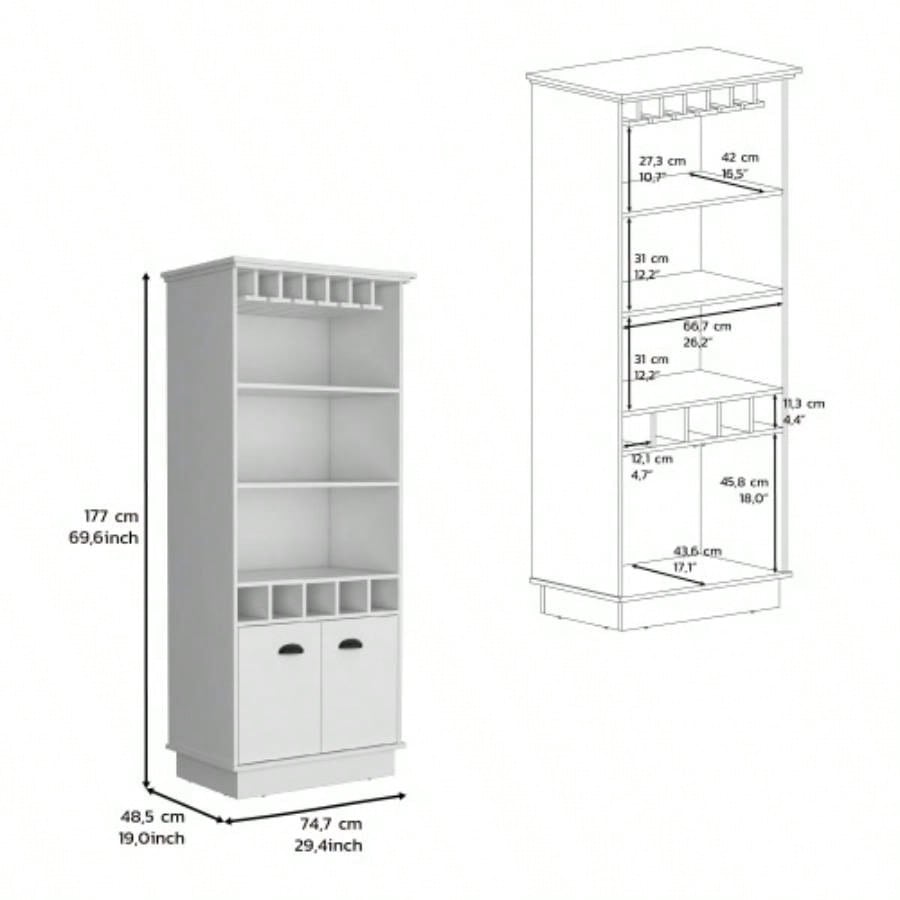 70H Bar Cabinet with Wine Rack, Upper Glass Cabinet, three Open Storage Shelves and One Cabinet, White