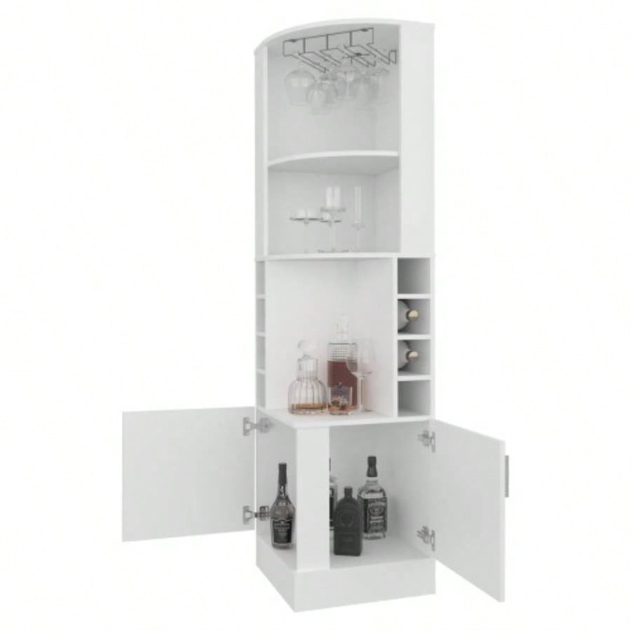 FM FURNITURE Page Corner Bar Cabinet with Wine Storage and Glass Rack. White